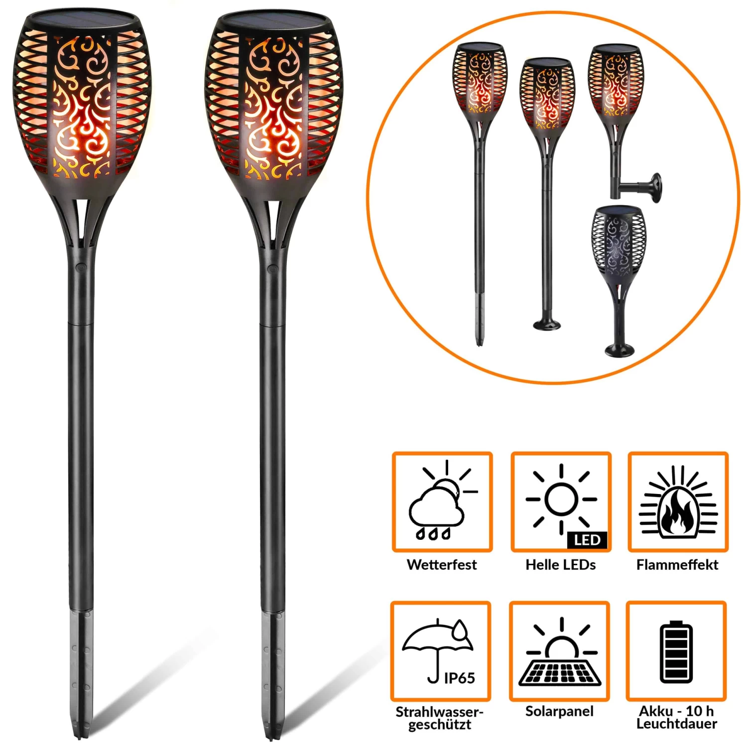 LED Solar-Gartenfackel 2er-Set Flammenlicht 1 LED Solar-Gartenfackel 2er-Set Flammenlicht