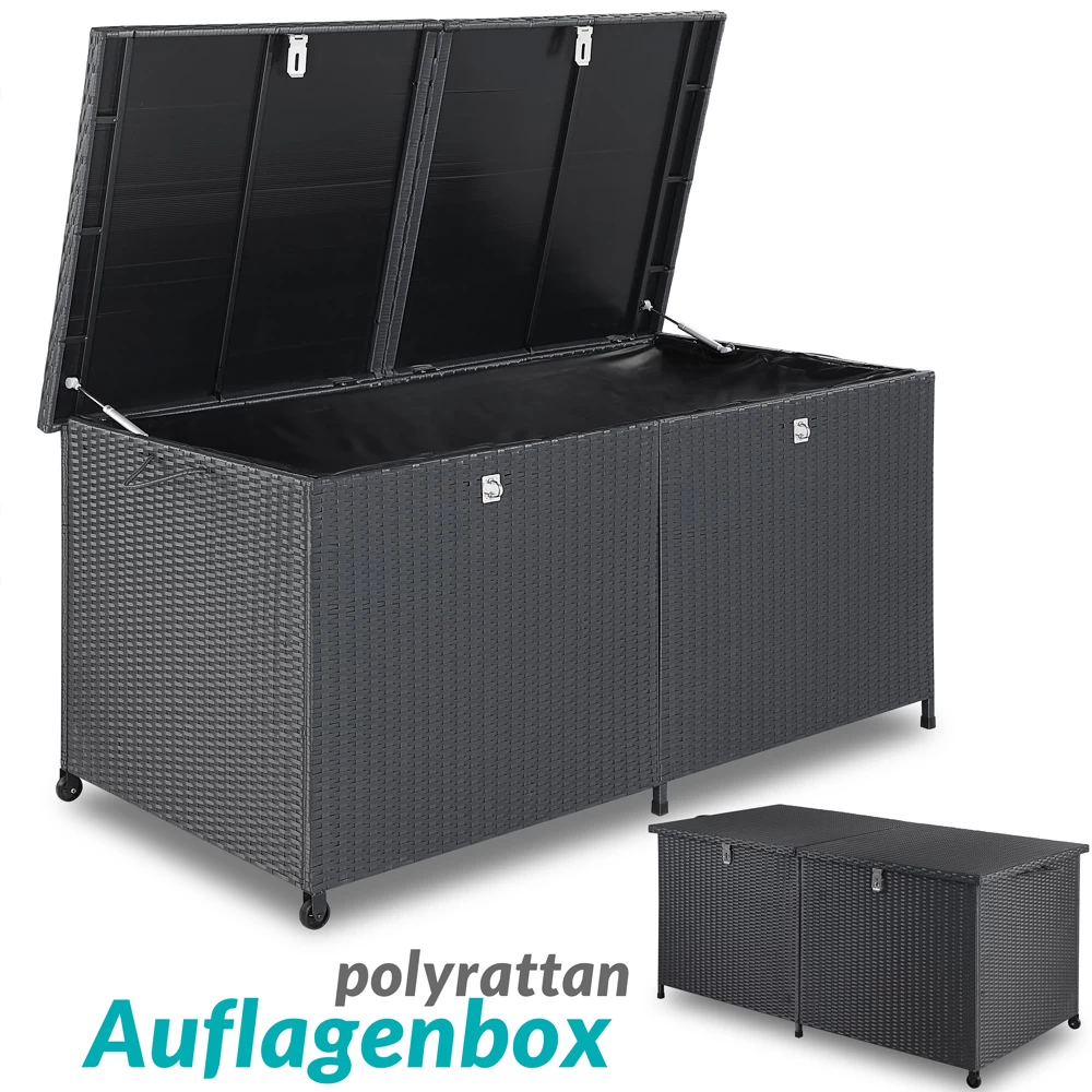 Polyrattan-Auflagenbox Schwarz 150x77x73cm Mit Rollen 2 Polyrattan-Auflagenbox Schwarz 150x77x73cm Mit Rollen – Bild 2
