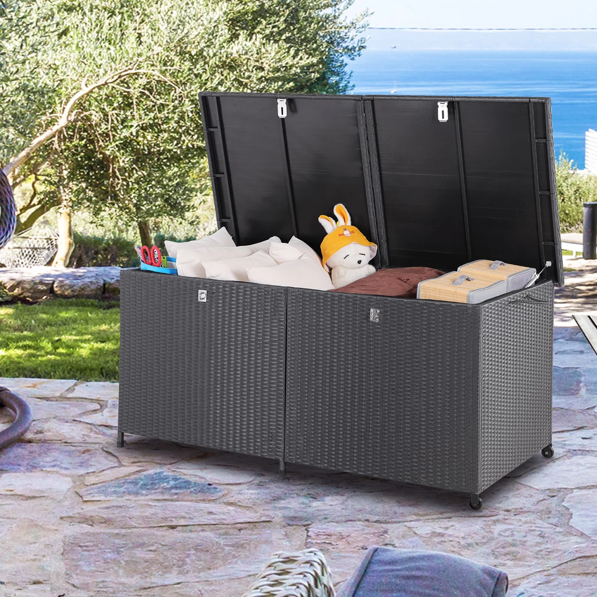 Polyrattan-Auflagenbox Schwarz 150x77x73cm Mit Rollen 1 Polyrattan-Auflagenbox Schwarz 150x77x73cm Mit Rollen