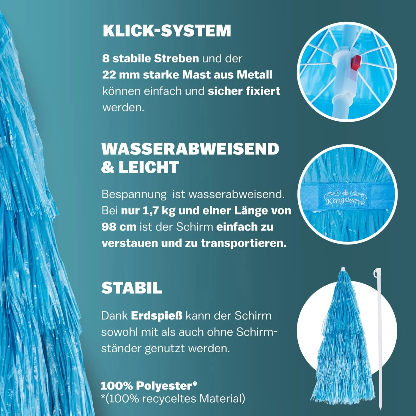 Sonnenschirm Hawaii Blau Ø160cm UV-Schutz 30+ 3 Sonnenschirm Hawaii Blau Ø160cm UV-Schutz 30+ – Bild 3
